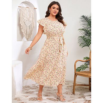 Plus Size Women Floral Print Flowy Ruffle Dress with Belt