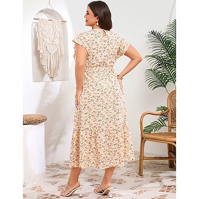 Plus Size Women Floral Print Flowy Ruffle Dress with Belt