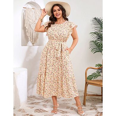 Plus Size Women Floral Print Flowy Ruffle Dress with Belt