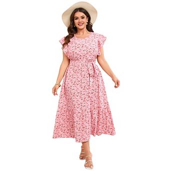 Plus Size Women Floral Print Flowy Ruffle Dress with Belt