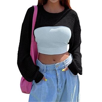 Women's Round Neck Long Sleeve Pullover Hollow Top Knitted Long Sleeve Shrug Sweater Knit Cover Up