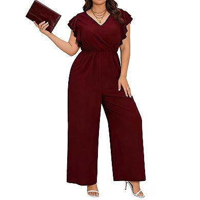 Ruffled Sleeve V-Neck Jumpsuit with Elastic Waist & Wide Leg Pants Pockets