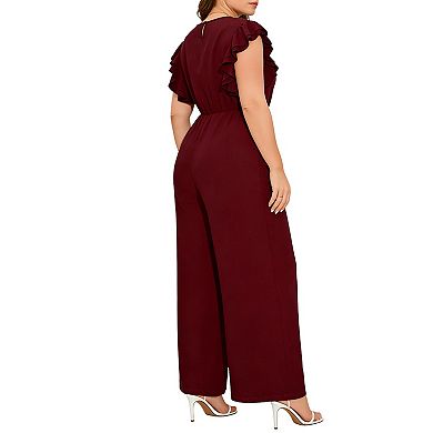 Ruffled Sleeve V-Neck Jumpsuit with Elastic Waist & Wide Leg Pants Pockets