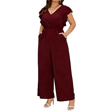 Ruffled Sleeve V-Neck Jumpsuit with Elastic Waist & Wide Leg Pants Pockets
