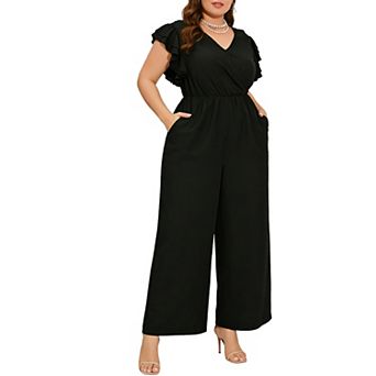 Ruffled Sleeve V-Neck Jumpsuit with Elastic Waist & Wide Leg Pants Pockets