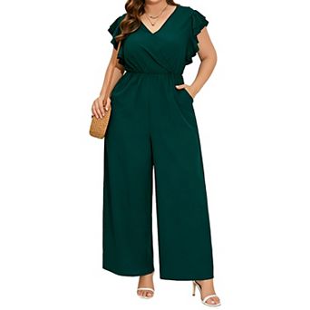 Ruffled Sleeve V-Neck Jumpsuit with Elastic Waist & Wide Leg Pants Pockets