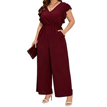 Ruffled Sleeve V-Neck Jumpsuit with Elastic Waist & Wide Leg Pants Pockets