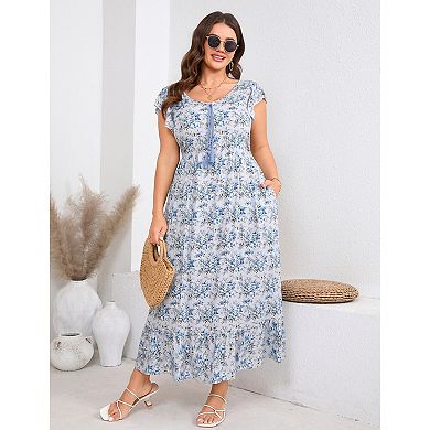 Plus Size Women's Casual Vacation Printed Dress Short Sleeve Tie Neck Sundress