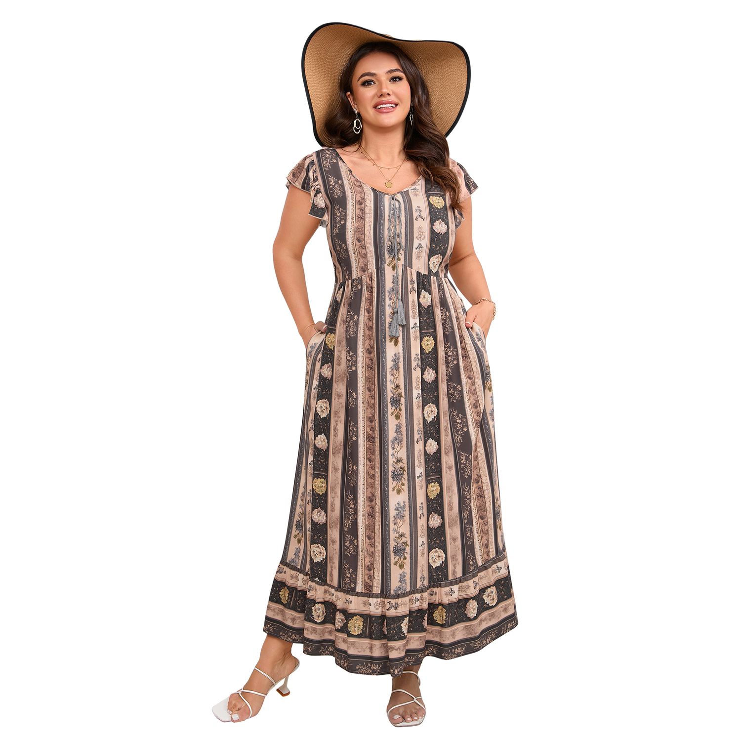Женские платья Plus Size Casual Vacation Printed Dress Short Sleeve Tie Neck Sundress