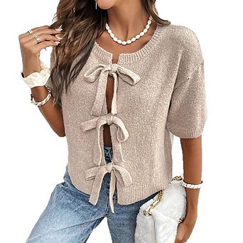 Women's Bow Sweater Cropped Short Sleeve Cozy Knit Loose Trendy Cardigan Sweaters