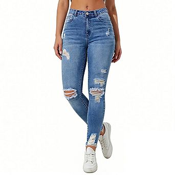 Women's High Waisted Distressed Jeans with Frayed Ankle Hems Casual Denim Pants