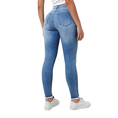 Women's High Waisted Distressed Jeans with Frayed Ankle Hems Casual Denim Pants