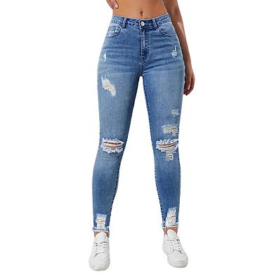 Women's High Waisted Distressed Jeans with Frayed Ankle Hems Casual Denim Pants