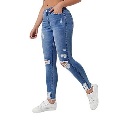 Women's High Waisted Distressed Jeans with Frayed Ankle Hems Casual Denim Pants