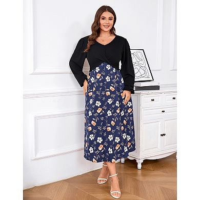 Plus Size Women Casual Long Sleeve Floral Patchwork Wedding Dress