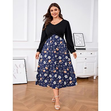 Plus Size Women Casual Long Sleeve Floral Patchwork Wedding Dress