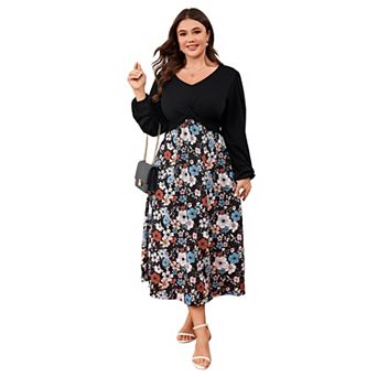 Plus Size Women Casual Long Sleeve Floral Patchwork Wedding Dress