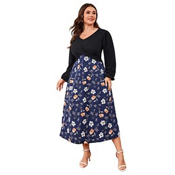 Plus Size Women Casual Long Sleeve Floral Patchwork Wedding Dress
