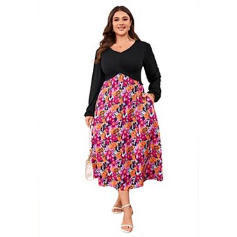 Plus Size Women Casual Long Sleeve Floral Patchwork Wedding Dress