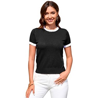 Women Short Sleeve Knit Top Color Block Trim Casual Basic Tee