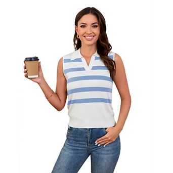 Women Striped Sleeveless Top Collared Knit Vest
