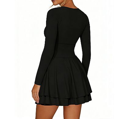 Square Neck Long Sleeve Mini Dress with Ruched Waist & Layered Flared Skirt