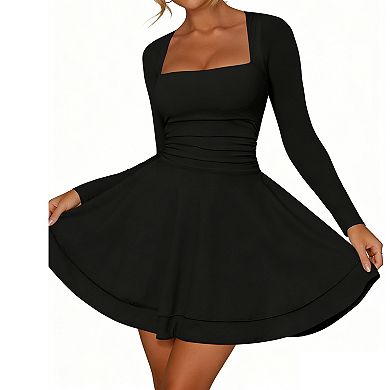 Square Neck Long Sleeve Mini Dress with Ruched Waist & Layered Flared Skirt