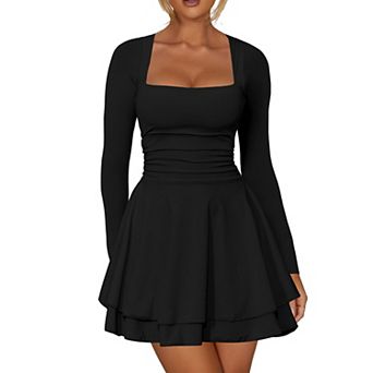 Square Neck Long Sleeve Mini Dress with Ruched Waist & Layered Flared Skirt