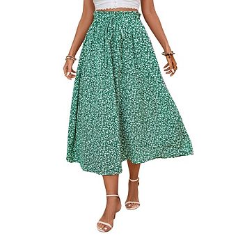 Women's Pleated High Waisted Knee Length Flowy A Line Swing Casual Flared Midi Skirt