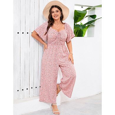 Plus Size Women Ruched Tie Front Jumpsuit Casual Long Pants