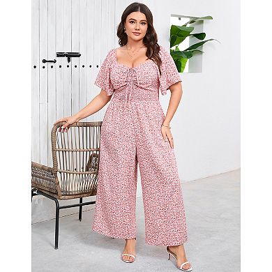 Plus Size Women Ruched Tie Front Jumpsuit Casual Long Pants