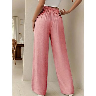 Womens Palazzo Pants High Waisted Wide Leg Drawstring Flowy Beach Trousers with Pockets