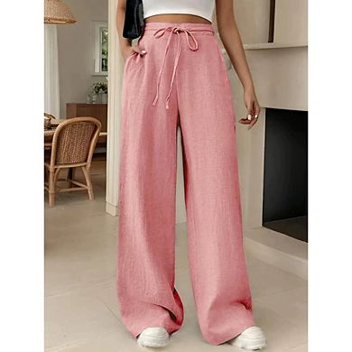 Womens Palazzo Pants High Waisted Wide Leg Drawstring Flowy Beach Trousers with Pockets
