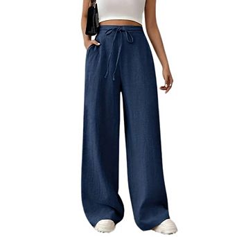 Womens Palazzo Pants High Waisted Wide Leg Drawstring Flowy Beach Trousers with Pockets
