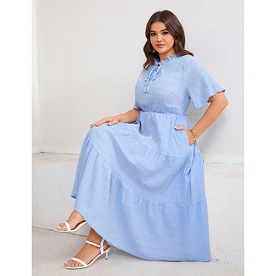 Plus Size Women Elegant Short Sleeve Tie Neck Wedding Guest Dress
