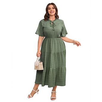 Plus Size Women Elegant Short Sleeve Tie Neck Wedding Guest Dress