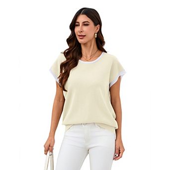 Women's Contrast Trim Knit Short Sleeve Crew Neck Top Casual Loose Fit Shirt