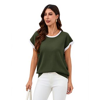 Women's Contrast Trim Knit Short Sleeve Crew Neck Top Casual Loose Fit Shirt