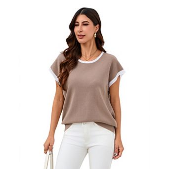 Women's Contrast Trim Knit Short Sleeve Crew Neck Top Casual Loose Fit Shirt