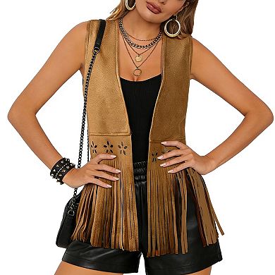 Faux Suede Fringe Vest with Star Cutout Details & Open Front Boho Western Style
