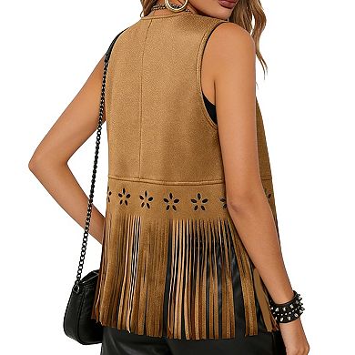 Faux Suede Fringe Vest with Star Cutout Details & Open Front Boho Western Style