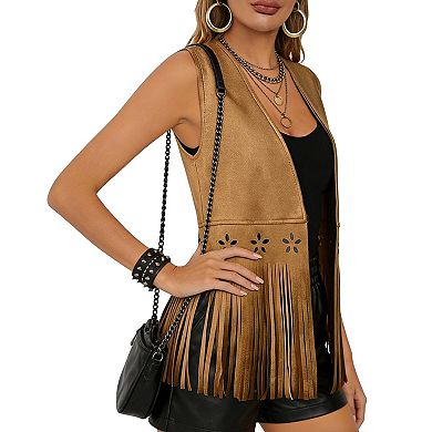 Faux Suede Fringe Vest with Star Cutout Details & Open Front Boho Western Style