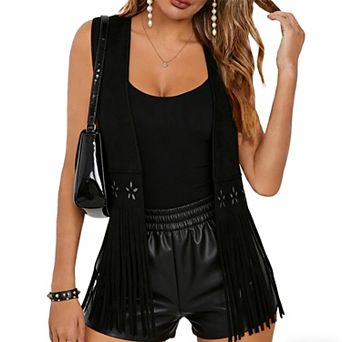 Faux Suede Fringe Vest with Star Cutout Details & Open Front Boho Western Style