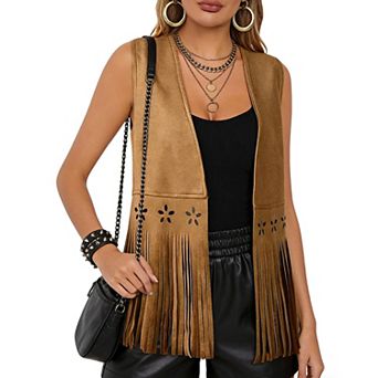Faux Suede Fringe Vest with Star Cutout Details & Open Front Boho Western Style