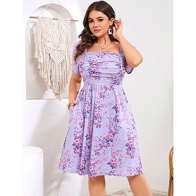 Plus Size Women's Elegant Ruched Square Neck Printed Mini Dress