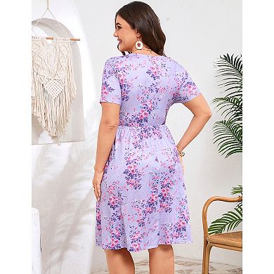 Plus Size Women's Elegant Ruched Square Neck Printed Mini Dress