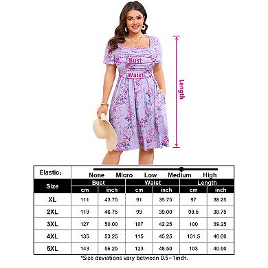 Plus Size Women's Elegant Ruched Square Neck Printed Mini Dress