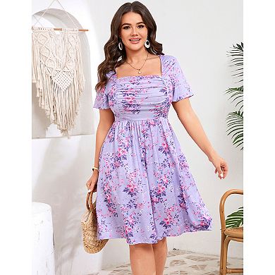 Plus Size Women's Elegant Ruched Square Neck Printed Mini Dress