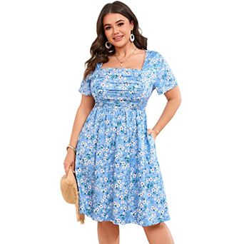 Plus Size Women's Elegant Ruched Square Neck Printed Mini Dress
