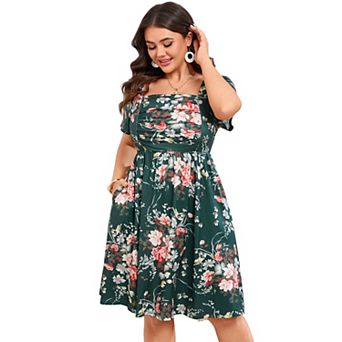 Plus Size Women's Elegant Ruched Square Neck Printed Mini Dress
